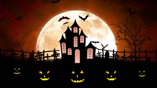 Halloween Moon Over Castle em Orange Sky — Vídeo de Stock