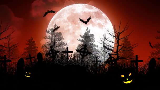 Luna de Halloween sobre el cementerio en el cielo rojo — Vídeos de Stock