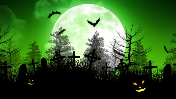 Halloween měsíc přes hřbitov v zelené oblohy — Stock video
