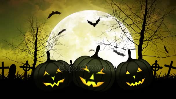 Hallloween Pumpkins with Moon in Yellow Sky — Stock Video