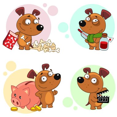 Köpekler için tasarım ile simgelerin bir koleksiyon beşinci bölümü. Köpek kıvrımlar bir kutu kemiklerinde, köpek hasta bir termometre ve onun boynuna bir eşarp ile ilaç ile bir köpek domuz kumbara ve paralar yakınında standları, köpek bir film çekimleri.