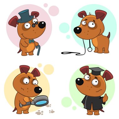 Köpekler için tasarım ile simgelerin bir koleksiyon yedinci parçası. Bir köpek şapkalı ve baston, bir köpek yürümek ister bir büyüteç ve bir köpek öğrenci ile bir köpek Dedektif tasma ile.