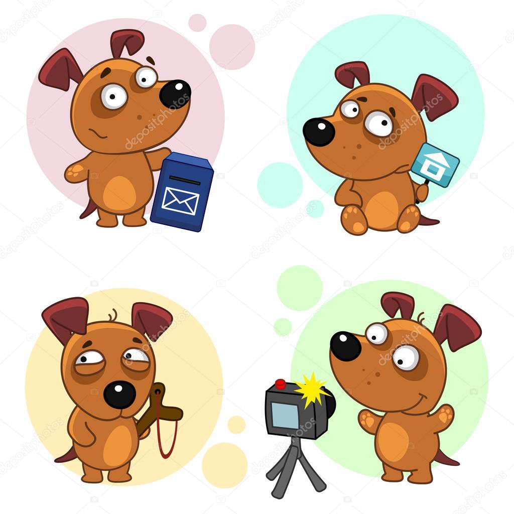 The third part of the collision of icons with dogs for design. A dog stands near the mailbox, a bad dog with a slingshot, a dog with a sign on which the house is painted, a dog with a camera is photographed.