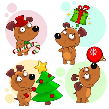 Onuncu köpekler için tasarım ile simgelerin bir koleksiyon parçası. Bir şapka ve şeker bir köpek, köpek hediye yüzünden düşünüyor, köpek ağacı süsle, yeni yıl oyuncak köpek juggles.