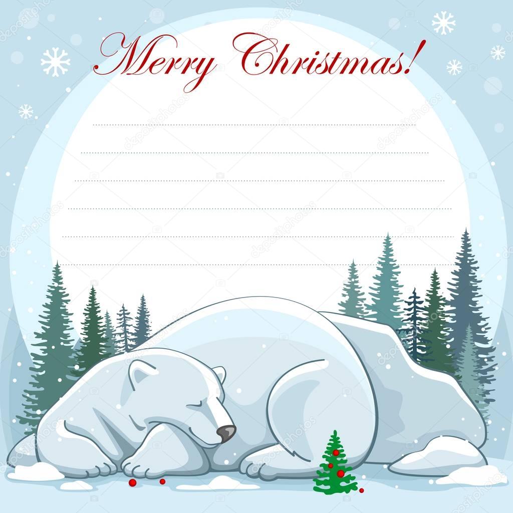 New Year greeting card with beautiful illustration. Image of a sleeping polar bear and a Christmas tree with toys against a background of nature, rocks and forest. With the inscription Merry Christmas.