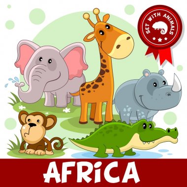 Bir dizi yaşamak içinde Afrika tasarım veya çocuklar için karikatür hayvanlar. Bir fil, zürafa, timsah, gergedan ve maymun görüntüsünü.