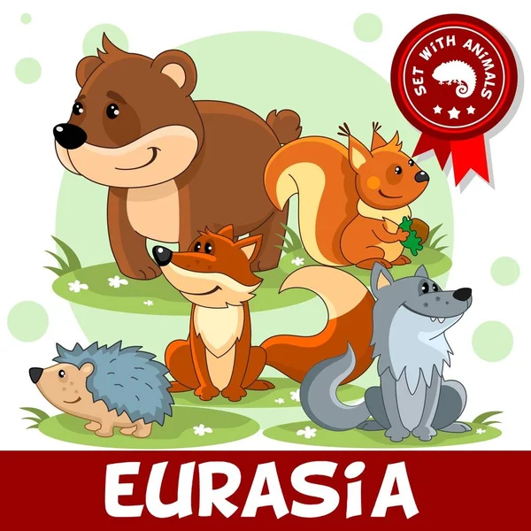 Avrasya'yaşayan çocuklar için tasarım ve karikatür hayvanlar kümesi. Görüntü bir ayının, dikenli bir kirpi, bir deli, bir kurt ve tilki sincap.