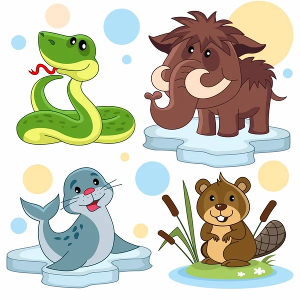 Sada Kreslené Ilustrace Pro Děti Podoba Hada Mamuta Pečeť Ledová — Stockový vektor