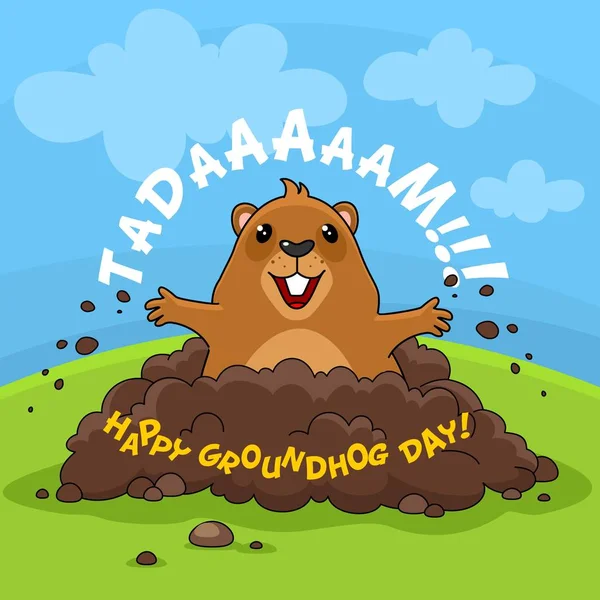 Απεικόνιση Της Εικόνας Την Επιγραφή Happy Groundhog Day Καρτ Ποστάλ — Διανυσματικό Αρχείο