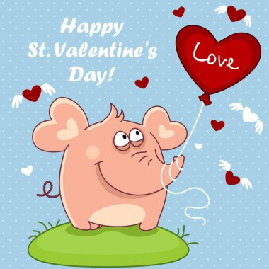 Bir fil ile bir kalp şeklinde kırmızı bir balon ile illüstrasyon kartpostal. Bir fil ile lekeli mavi bir arka plan üzerinde. Tebrik illüstrasyon tasarımı için.