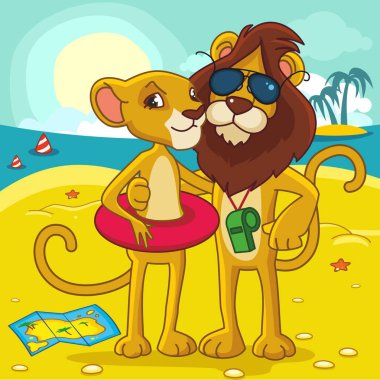Aslan ve aslan deniz, kum ve adanın zemine karşı durmak. Bir yaz tatili var. Gösterim amacıyla tasarım.