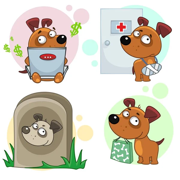 第十一集的图标设计狗 一个字符与一个包购买 与计算机运行 与医生生病的爪子 在墓地的纪念碑 — 图库矢量图片