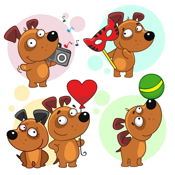 第十三图标集与狗的设计 狗站在他的肩膀上的磁带和听音乐 与狂欢节面具 玩一个球 两只狗与气球的心脏形式 — 图库矢量图片