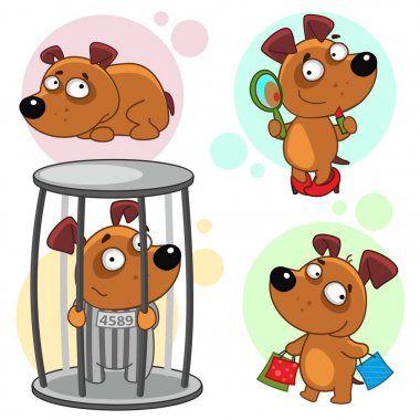 Köpekler yalanlarla simgeler on altıncı parçası kadın ayakkabı standları ve aynaya baktığında, hapiste oturur ve alışveriş torbaları ile standları.