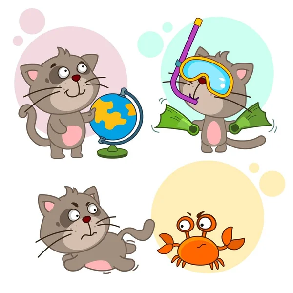 Set Illustrazioni Bambini Bambini Design Gatto Con Globo Sta Progettando — Vettoriale Stock
