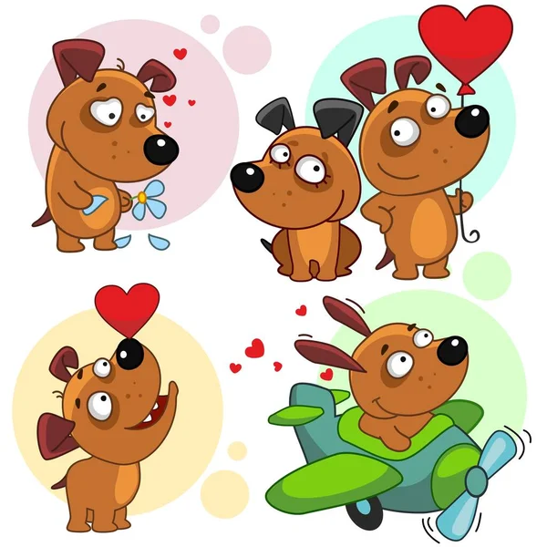 Conjunto Personajes Perro Perro Con Flor Volando Avión Con Corazón — Vector de stock