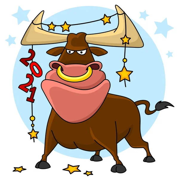 公牛的图解 2021年中国新年的象征 公牛站在那里 牛角上挂着一个挂满星星的花环 图库插图