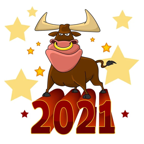 公牛的图解 2021年中国新年的象征 为设计 公牛正靠在数字上 免版税图库插图