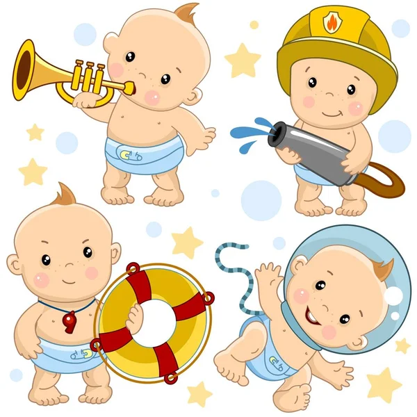 一套供设计用的幼儿男孩和婴儿 儿童和他们的职业 消防员 宇航员 带救生圈的救生员和吹喇叭的音乐家的图像 图库矢量图片