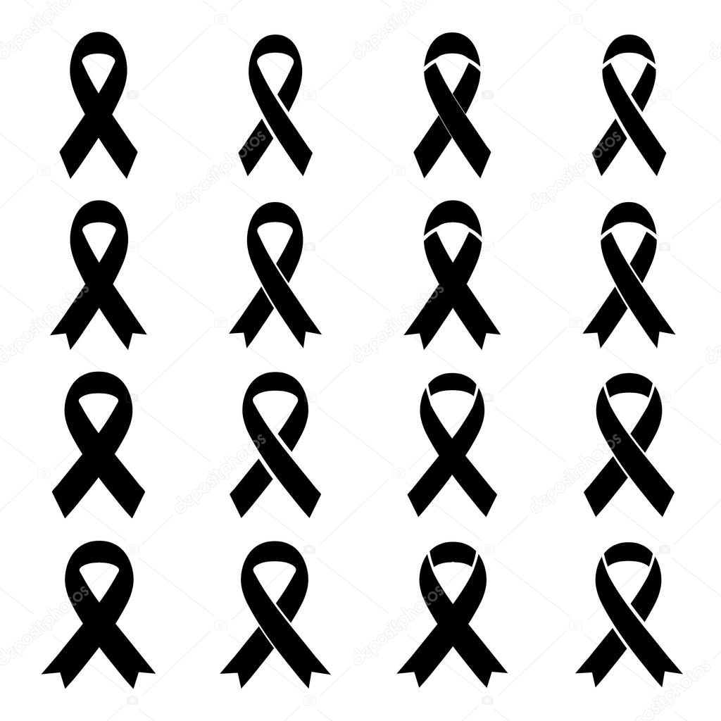 Black awareness ribbon on white background. Mourning sign icons set