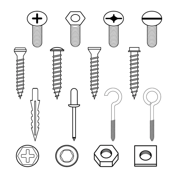 Fastener wall hooks bolts and wall plugs collection icon set — Stock Vector