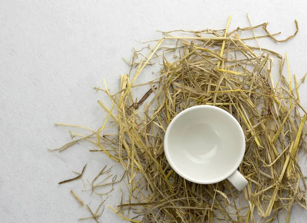 Beyaz arka planda izole edilmiş bir pipetin üzerindeki kahve fincanı..