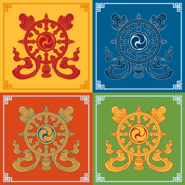 Color Dharma Wheel Dharmachakra Icons.  Buddhism symbols.  clipart