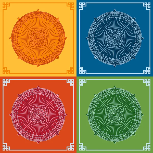 Dharma Wheel Dharmachakra Icons. Buddhism symbols. — Stock Vector