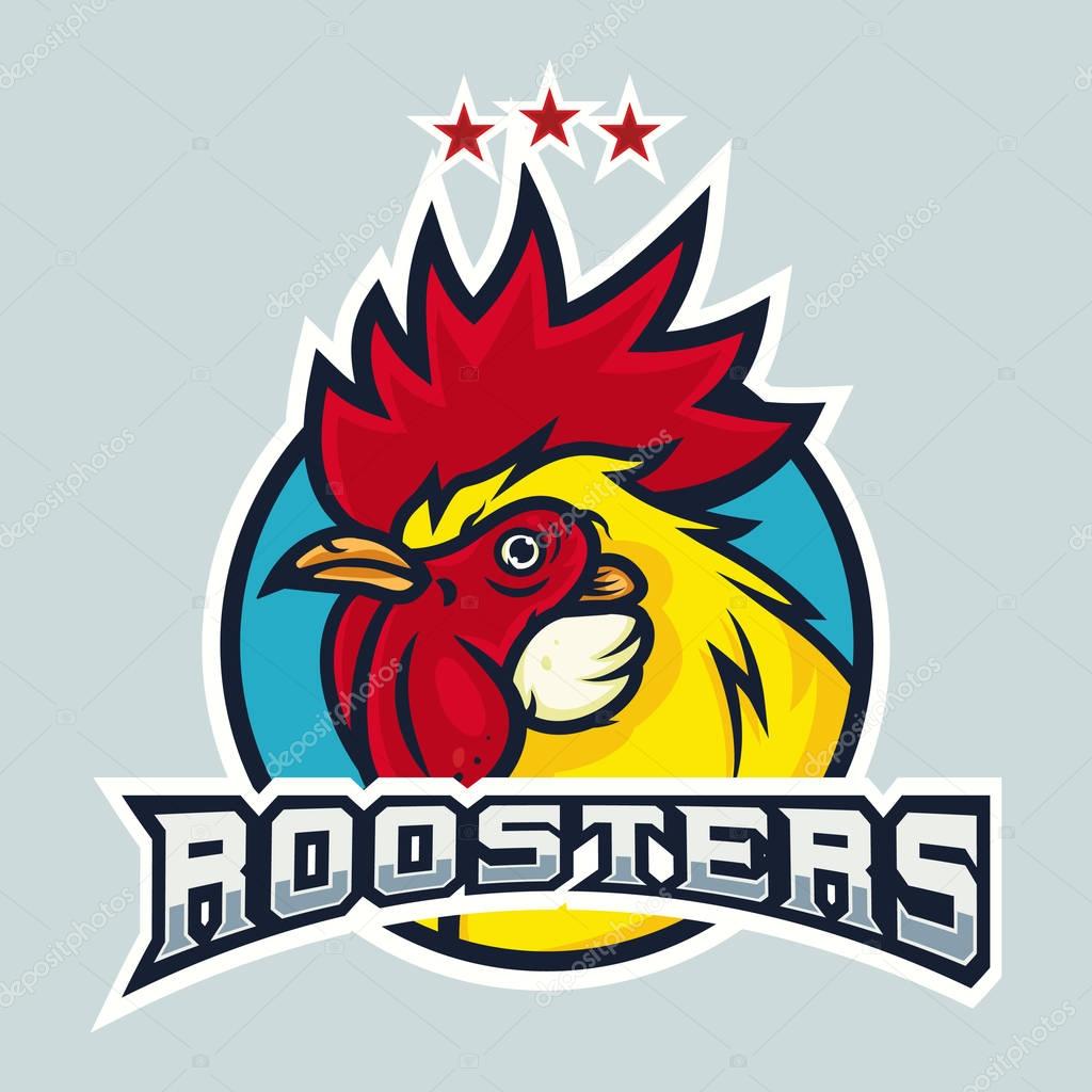 Detailed sports logo template with angry face emotion rooster mascot for college, school sport team logo concept, apparel design. Vector Illustration.