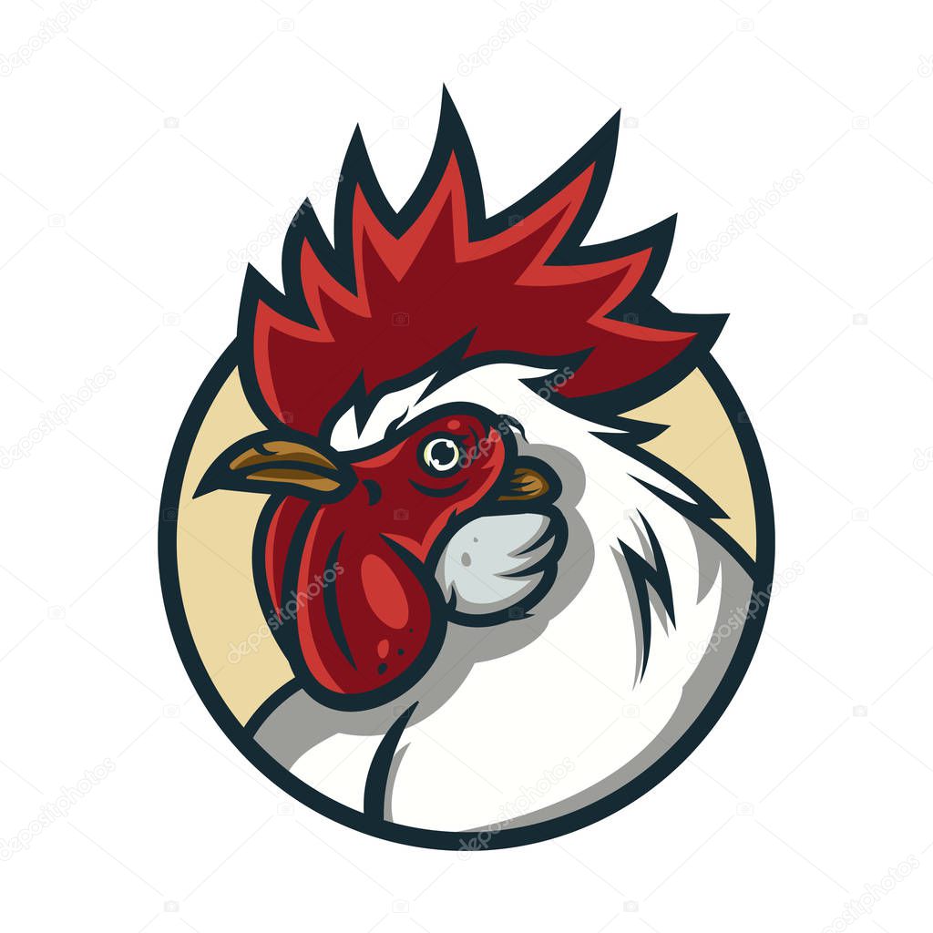 Detailed sports logo template with angry face emotion rooster mascot for college, school sport team logo concept, apparel design. Vector Illustration.
