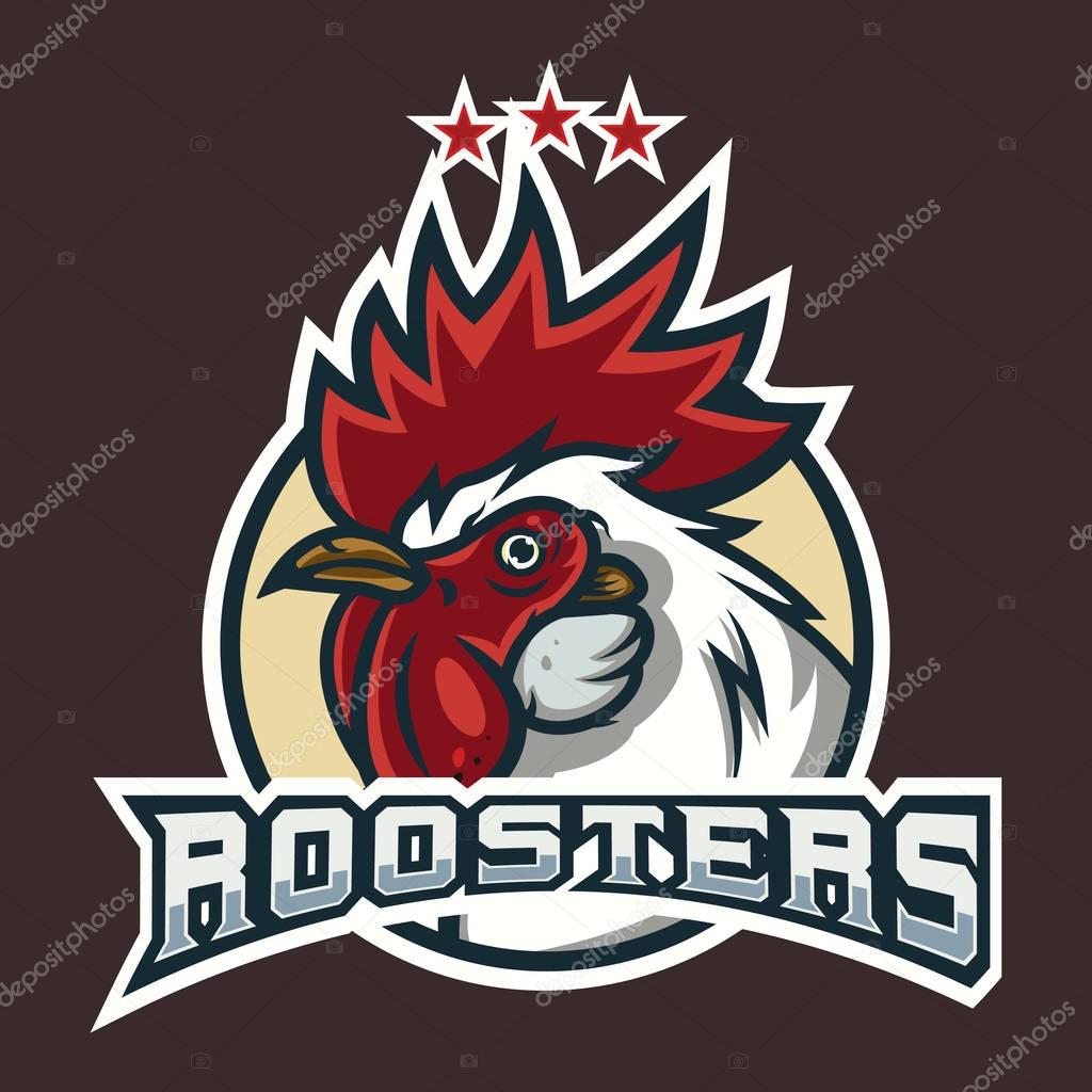 Detailed sports logo template with angry face emotion rooster mascot for college, school sport team logo concept, apparel design. Vector Illustration.
