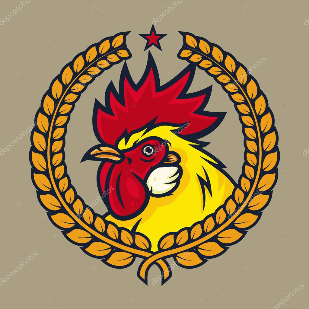 Detailed sports logo template with angry face emotion rooster mascot for college, school sport team logo concept, apparel design. Vector Illustration.