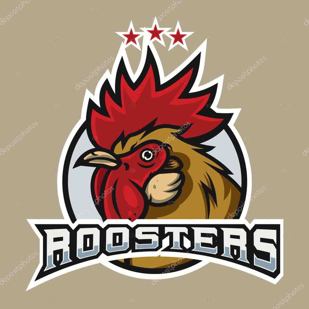 Detailed sports logo template with angry face emotion rooster mascot for college, school sport team logo concept, apparel design. Vector Illustration.