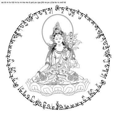 Beyaz Tara Tibet Budizmi içinde bir kadın Buda Vajrayana Budizm gibi görünen bir kadın ermiş Mahayana Budizm var. Buda. Siyah ve beyaz tasarım. Vektör çizim.