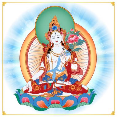 Beyaz Tara Tibet Budizmi içinde bir kadın Buda Vajrayana Budizm gibi görünen bir kadın ermiş Mahayana Budizm var. Buda. Renk tasarımı. Vektör çizim.
