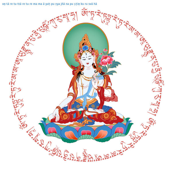 White Tara in Tibetan Buddhism, is a female Bodhisattva in Mahayana Buddhism who appears as a female Buddha in Vajrayana Buddhism. Buddha. Color design. Vector illustration.