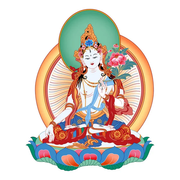 White Tara in Tibetan Buddhism, is a female Bodhisattva in Mahayana Buddhism who appears as a female Buddha in Vajrayana Buddhism. Buddha. Color design. Vector illustration. — Stock Vector