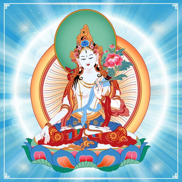 Λευκή Τάρα στο θιβετιανό Βουδισμό, είναι ένα θηλυκό Μποντισάτβα στο Βουδισμό Mahayana που εμφανίζεται ως μια θηλυκή Βούδα στο Vajrayana Βουδισμού. Ο Βούδας. Χρώμα σχεδίασης. Εικονογράφηση διάνυσμα. — Διανυσματικό Αρχείο
