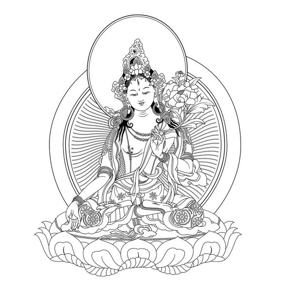 White Tara in Tibetan Buddhism, is a female Bodhisattva in Mahayana Buddhism who appears as a female Buddha in Vajrayana Buddhism. Buddha. Black and white design. Vector illustration.