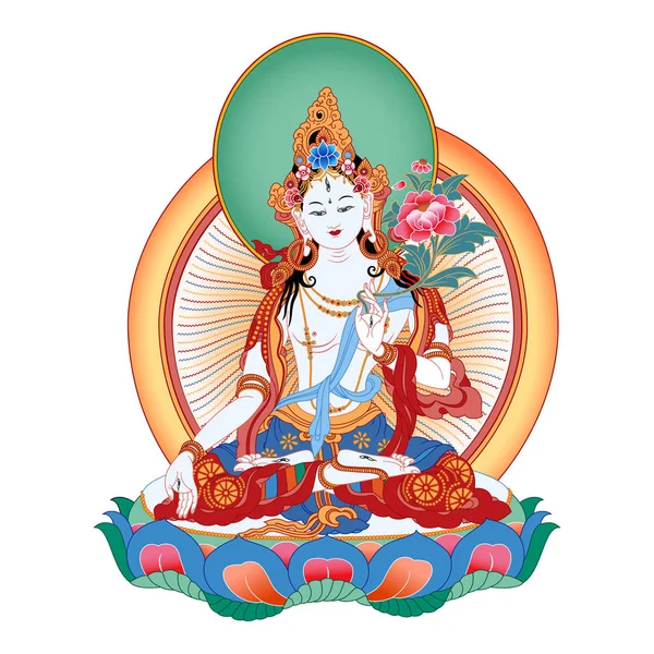 White Tara in Tibetan Buddhism, is a female Bodhisattva in Mahayana Buddhism who appears as a female Buddha in Vajrayana Buddhism. Buddha. Color design. Vector illustration. Royalty Free Stock Illustrations