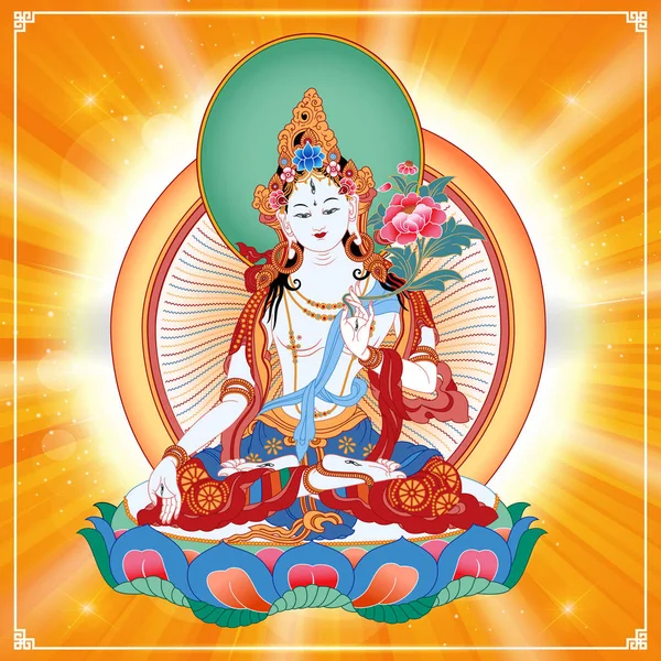 White Tara in Tibetan Buddhism, is a female Bodhisattva in Mahayana Buddhism who appears as a female Buddha in Vajrayana Buddhism. Buddha. Color design. Vector illustration. Stock Illustration