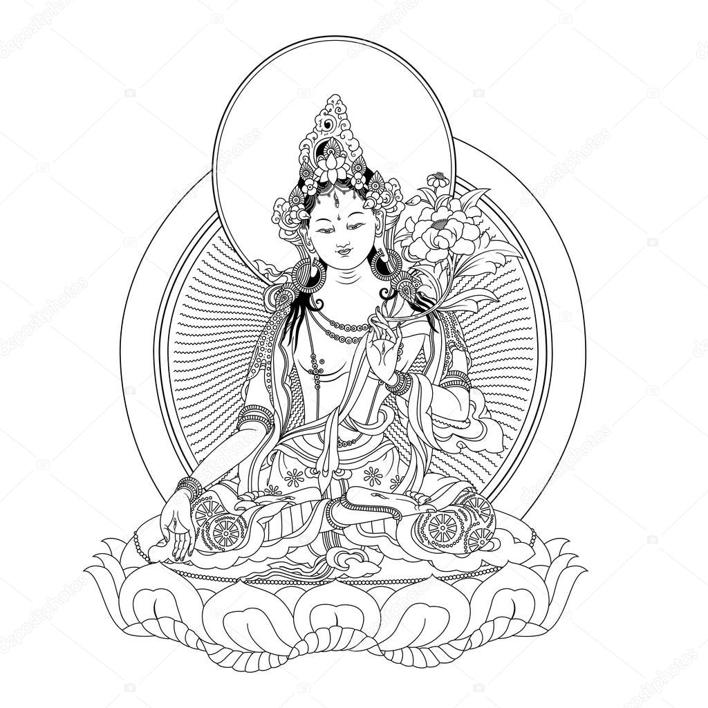 White Tara in Tibetan Buddhism, is a female Bodhisattva in Mahayana Buddhism who appears as a female Buddha in Vajrayana Buddhism. Buddha. Black and white design. Vector illustration.