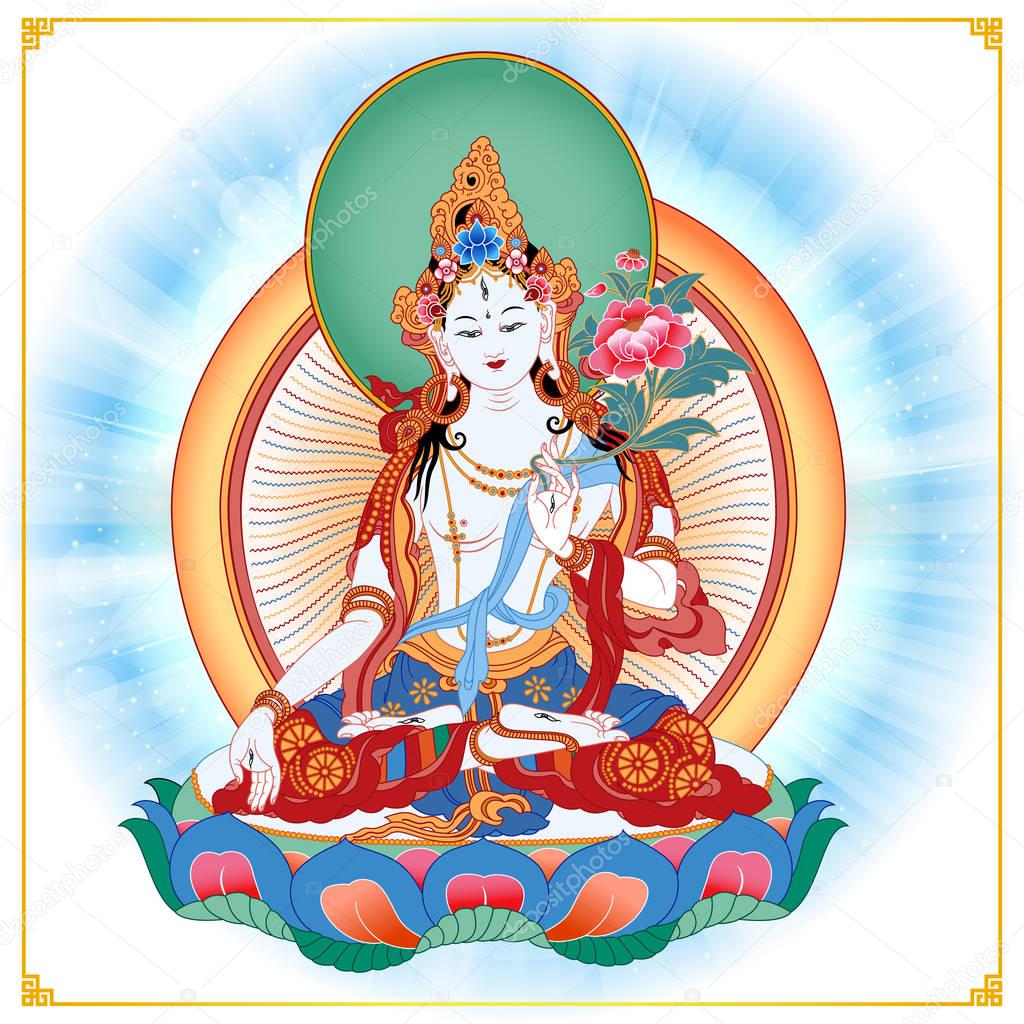 White Tara in Tibetan Buddhism, is a female Bodhisattva in Mahayana Buddhism who appears as a female Buddha in Vajrayana Buddhism. Buddha. Color design. Vector illustration.