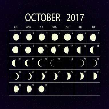 Ay evreleri takvimi 2017. Ekim. Vektör çizim.