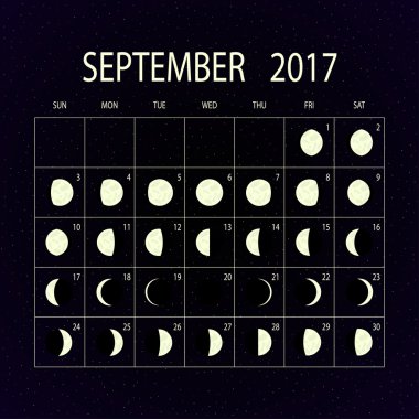 Ay evreleri takvimi 2017. Eylül. Vektör çizim.