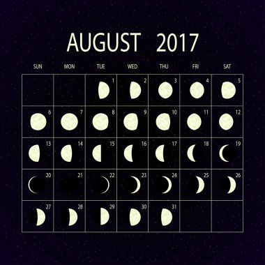 Ay evreleri takvimi 2017. Ağustos. Vektör çizim.