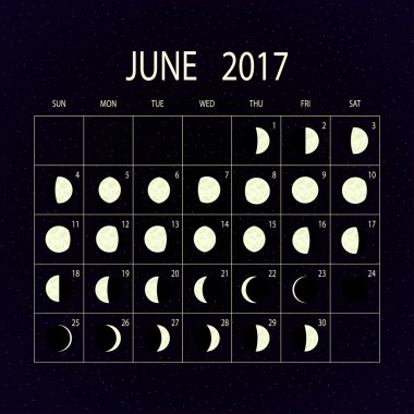 Ay evreleri takvimi 2017. Haziran. Vektör çizim.