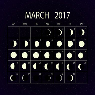 Ay evreleri takvimi 2017. Mart. Vektör çizim.