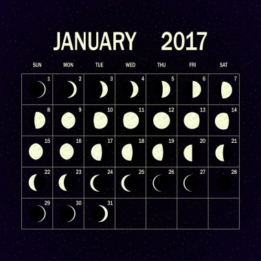 Ay evreleri takvimi 2017. Ocak. Vektör çizim.