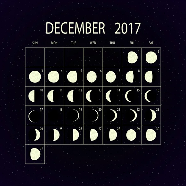Calendário de fases lunares para 2017. Dezembro. Ilustração vetorial . — Vetor de Stock